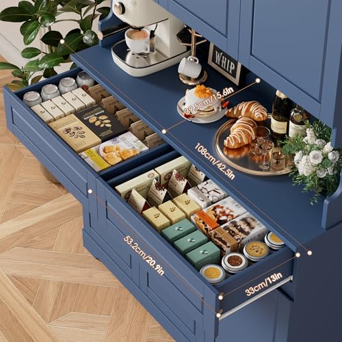 Image of FACBOTALL 74 inch Pantry Cabinet, Tall Kitchen Pantry Cabinet with 6 Doors and 2 Drawers, Kitchen Hutch with Wide Countertop, Modern Kitchens Cupboard with Adjustable Shelves and Charge Holes, Blue