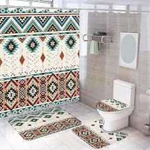 4 Pcs Aztec Shower Curtain Set, Southwestern Native Tribal Navajo Bathroom Rug Sets, Western Boho Vintage Shower Curtain and Non-Slip Rugs Toilet Lid Cover Bath Mat Decor with Hooks