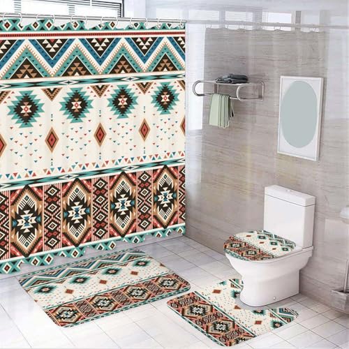 Hjokiupt 4 Pcs Aztec Shower Curtain Set, Southwestern Native Tribal