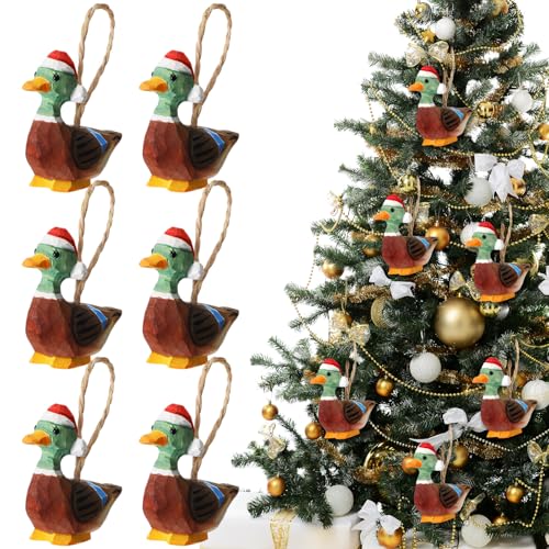 Threehoney 6 Pcs Hand Carved Christmas Duck Ornament Mallard Wood