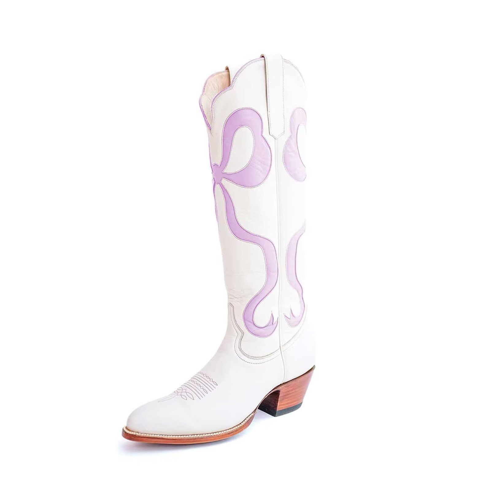 KISSASA Western Cowboy Boots for Women Colorful Bows Classic Embroidered Women Knee High Boots Chunky Heel Pointed Toe Pull On Fashion Tall Boot