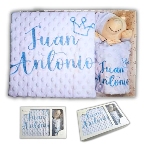 PITA HOME® Manta y Doudou de Bebé Personalizado con Nombre y Bordado de Corona - Manta Burbuja Ideal para Recién Nacidos, Manta Bebé con Bordado (Manta y doudou personalizados)