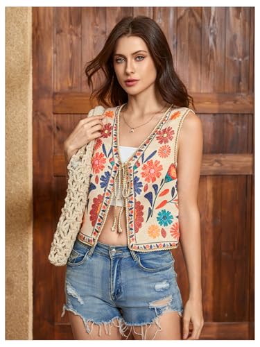 GORGLITTER Women's Tie Front Vest Top Country Concert Western Cowgirl Outfit Floral Vest4