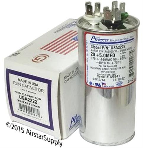 Service First • 20 + 5 uf / Mfd Replacement Round Dual Universal Capacitor • AmRad USA2222 - used for 370 or 440 VAC , Made in the U.S.A.