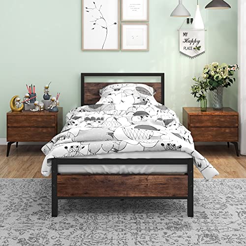 Image of BOFENG Twin Size Bed Frame with Vintage Wood Headboard Farmhouse Bed,Heavy Duty Metal Platform Single Bed Frames No Box Spring Needed,Firm Mattress Foundation Steel Slat Support Easy Assembly(Brown)