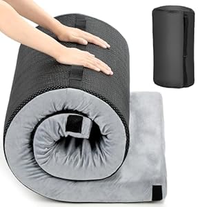 Memory Foam Camping Mattress, 3″ Thick Portable & Lightweight Sleeping Pad, Waterproof Non-Slip Roll Up Camping Floor Mat Guest Bed for Kids, Adults with Travel Bag, 75″×30″×3″, Grey