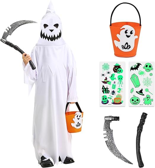 Lozzzyo Disfraz Halloween Niño,Disfraz Fantasma Niño con Guadaña,Cesta de Fantasma Blanco-Disfraces Halloween Niños para Juegos de Rol. (9-10 años)