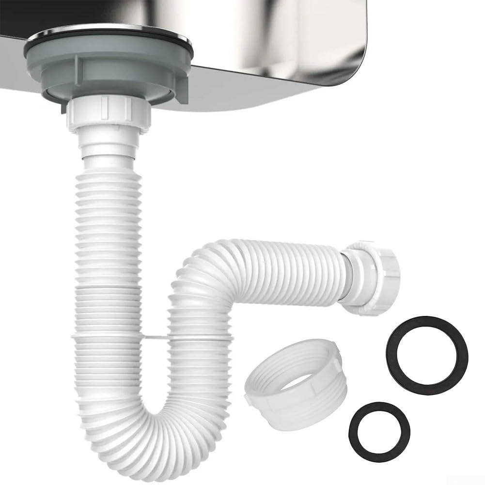 SPORTARC Flexible Sink Drain Pipe Kit, 1-1/2" & 1-1/4" P-trap With Adapter, White, Plastic, HARDWARE_TUBING, 1 Pack