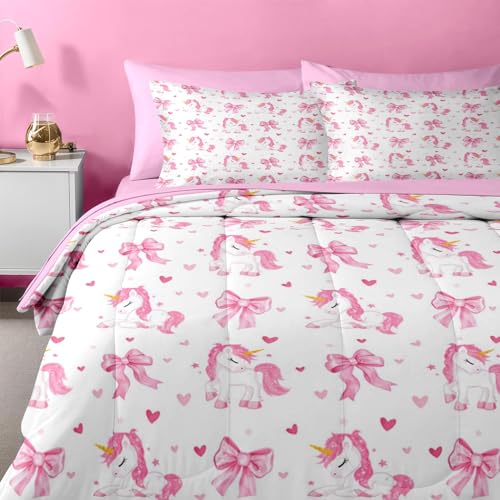 Image of Nesker Bow Comforter Set Twin Size, 5 Pieces Bed in a Bag, Pink Bow Bedding Set for Girls, Cartoon Unicorn Comforter Set with 1 Pillowcase & 1 Sham
