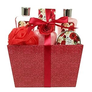Mothers Day Gifts, Spa Baskets for Women Bath and Body Basket for Women, Includes Love of Rose Shower Gel, Bubble Bath, Body Lotion, Bath Salt, Red Bath Puff and Heart Bath Bomb