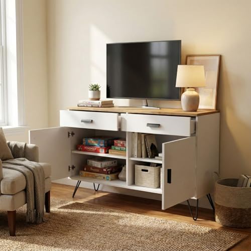Image of FFO cabinets for Living Room | Wooden Living Room Storage Cabinet with Drawers, Side Cabinet for Bedroom, Modern Wood Finish, 2 Door Cupboard with Metal Legs White and Coach Wood DIY.
