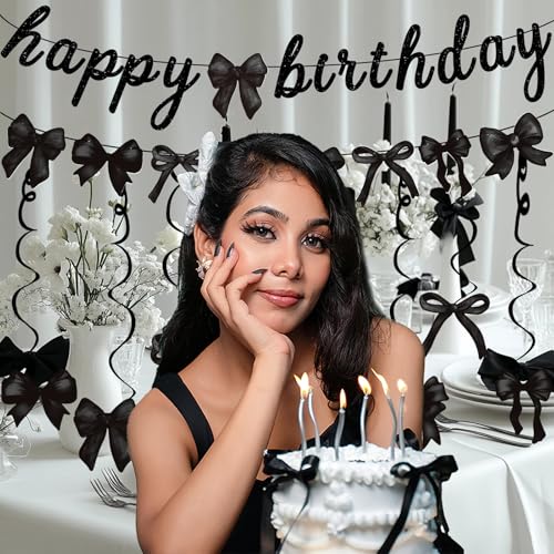Image of Black Bow Happy Birthday Banner Garland and Hanging Swirls for Girl Black Bow Coquette Birthday Party Decorations