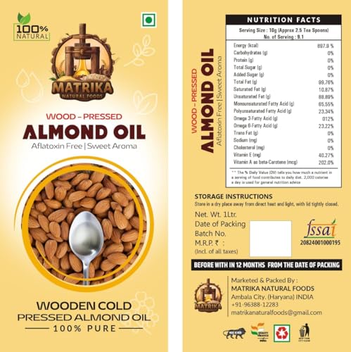 Image of Sarv Matrikaa Wood Pressed Almond Oil - 1 Litre - 100% Pure & Natural | Cold Pressed | Sweet Aroma | Aflatoxin Free | Edible & Skin Use