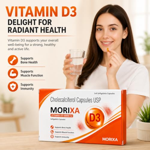 Image of MORIXA D3 Capsule 60000 IU Vitamin D3 Cholecalciferol Softgel Capsules, Pack of 5 Strips (20 Capsules)