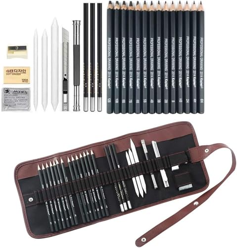 Sketching Pencil Set, 24 Pcs Graphite Drawing Pencil for Artists Adults Children Include 12B - 6H, Charcoal Pencils, Canvas Bag and Accessories