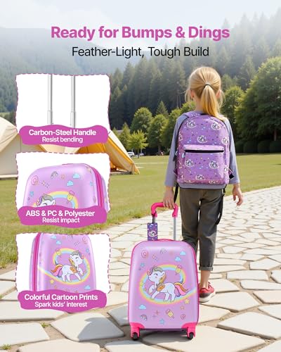 VEVOR 5 TLG. Kinderkoffer Set, 457,2 mm, Hartschalenkoffer mit Kindertrolley, Rucksack, Nackenkissen, Lunchbox & Kofferanhänge, Kofferset fürJungen & Mädchen, praktisch für Reisen Fliegen (Einhorn)