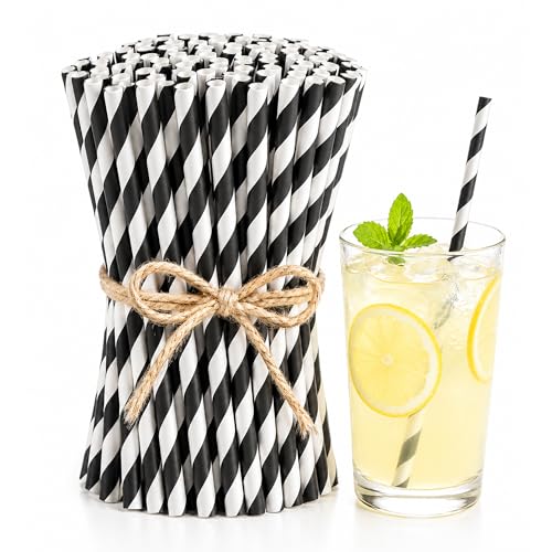 Black and White Striped Paper Straws 100 Count Disposable Drinking Straws 7.75 x 0.24 Inch for Halloween Birthday Wedding Baby Shower Graduation Cocktail Party Supplies