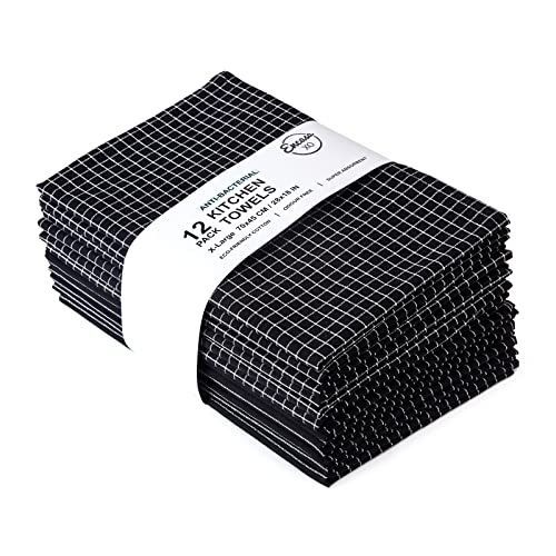 Encasa XO - Juego de 12 Toallas de Cocina (70x45 cm), Acabado Antibacteriano, algodón ecológico, Absorbente para la Limpieza y Secado rápido de Platos - Negro