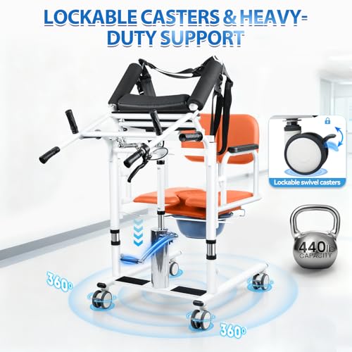 6 in 1 Patient Lift Transfer Chair for Elderly and Home, Portable Adjustable Height Footrest Hydraulic Lift Nursing Wheelchair 180° Split PU Leather and Thickened Sponge Seat, 440lbs, Orange