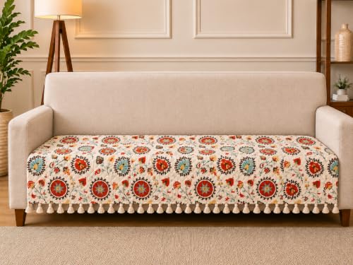 Image of Velvet Quilted Sofa Armrest Covers (Pack of 2) | Red Floral | Anti-Slip Soft Washable Arm Covers with Tassels | 24 x 27 Inches