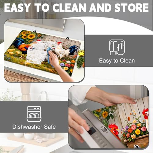Image of Stove Top Cover for Electric Stove 28 inchx 20 inch, Vintage Farm Roosters Chicken Sunflower Heat Resistant Glass Top Stove Cover Protector, Glass Cooktop Covers, Kitchen Electric Flat Stove Top Covers