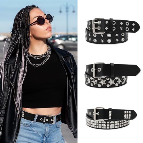 3 Pcs Black Studded Belt Y2K Belt Star Gothic Punk Rock Belts with Grommet Threads Bright Metal Pyramid for Women Men2