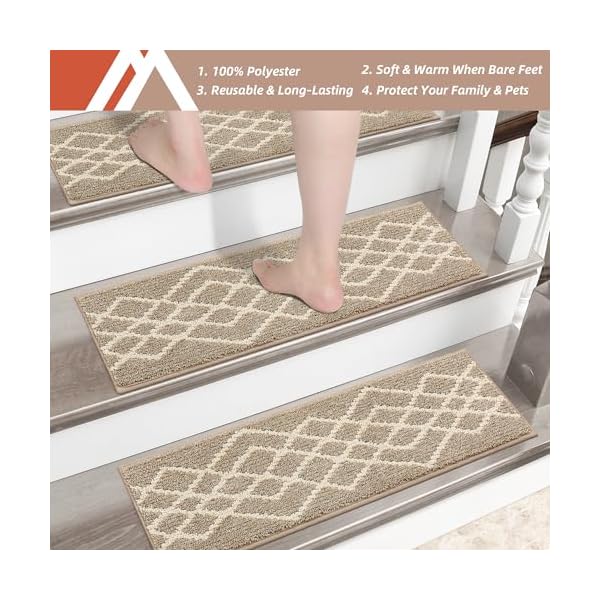 Cosy homeer soft stair treads 15pcs non slip carpet mat 28inx9in indoor stair runners for wooden stepsstair rugs for kids and dogs 100 polyester tpe backing beigerhombus  urban country home decor