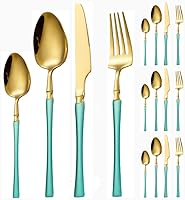 Vista 13 de Juego de 16 cubiertos de acero inoxidable con mango de cintura pequeña, cubiertos de acero inoxidable, cuchillos, tenedores, cucharas para 4