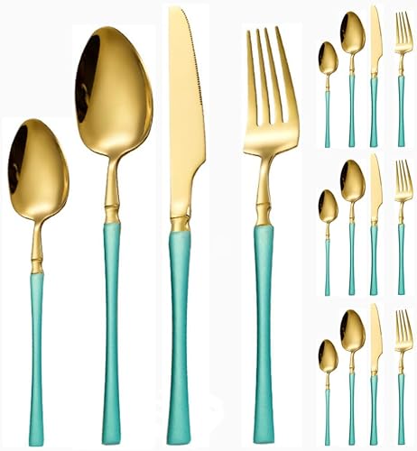 Miniatura 13 de Juego de 16 cubiertos de acero inoxidable con mango de cintura pequeña, cubiertos de acero inoxidable, cuchillos, tenedores, cucharas para 4