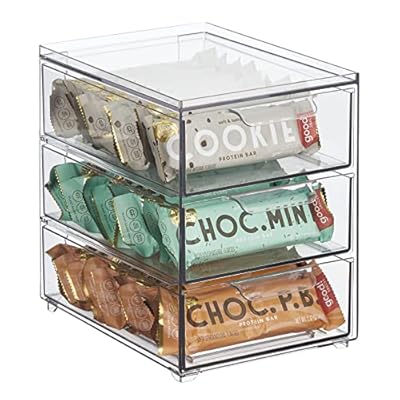 mDesign Plastic Stackable 3-Drawer Kitchen Storage Organizer - Bin with Divided Pull-Out Drawers for Pantry, Shelf, Fridge/Refrigerator, and Freezer Organization - Lumiere Collection - Clear
