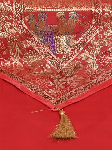 Image of Banarasi Brocade Zari Silk Table Runner Dinning & Centre Table Runner 177 By 30 CM (Red, Elephant)