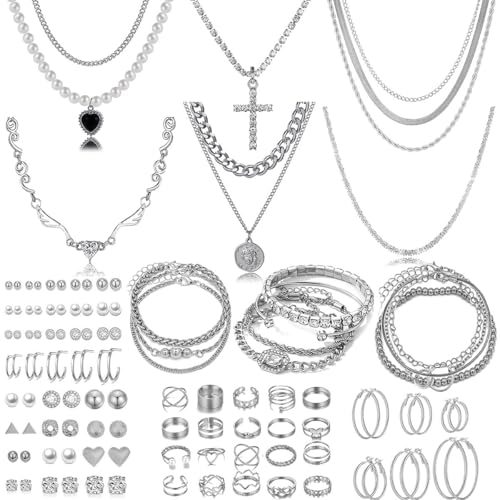 116 Pcs Silver Jewelry Set with 7Pcs Layered Necklace, 11 Pcs Bracelet and 22pcs Hoop Earrings ,22pcs Knuckle Rings,54pcs stud earrings Jewerly set For Women Valentine Anniversary Birthday Friendship Gift