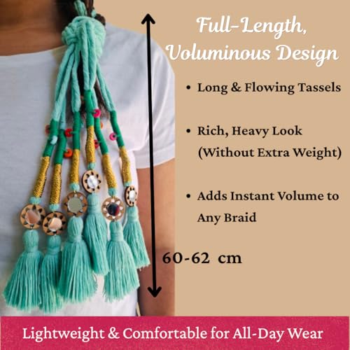 Image of Zippy Flora Handmade Boho Parandi / Paranda Traditional Hair Accessory for Women & Girls | Ethnic Braided Hair Tassels, Choti Hair Extension, Decorative Braid Jewelry for Festive & Wedding Hairstyles (Neelima Turquoise Blue)