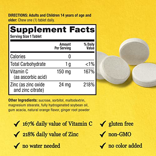 Airborne Vitamin C + Zinc Chewable Tablets, Chewable Zinc Immune Support Supplement - Non-Gmo, Gluten & Gelatin Free, No Color Added, Naturally Flavored - 32 Chewable Tablets, Orange Flavor #TOP2