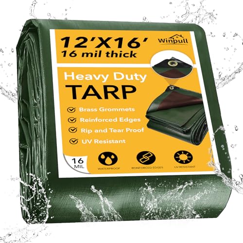 Winpull Tarp 12x16 Feet 16 Mil Heavy Duty Waterproof Tarp, Large Multipurpose Cover with Brass Grommets and Reinforced Edges, UV Resistant Thick Poly Tarps for Outdoor Camping Tent Pool Car, Green