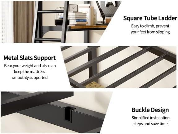 Detail showing square tube ladder, metal slats support, and buckle design for easy installation