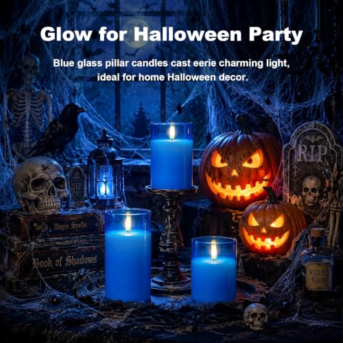 Image of Amagic Blue Glass Flameless Candles with Remote, Battery Operated Candles, Real Wax LED Candles with Timer, Flickering Fake Pillar Candle for Theme Party, Hanukkah Holiday Decor, 3D Wick, Set of 3