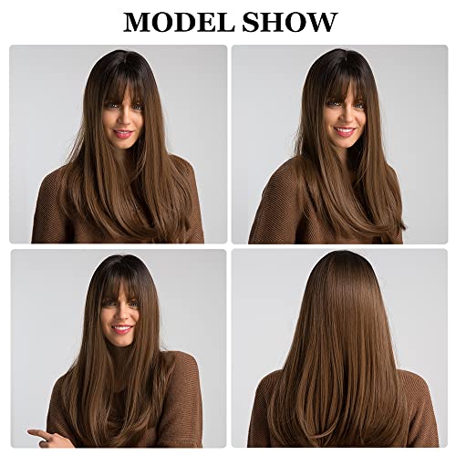 Esmee 20" Long Brown Synthetic Wigs with Bangs High Density Natural Straight Headline Heat Permanent Hair Wigs for Women