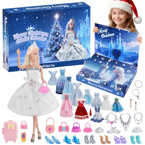 Calendario de Adviento 2025 para niña, calendario de Navidad para niños, con 24 pequeñas sorpresas, muñeca de moda con trajes y accesorios, juguete creativo para niñas