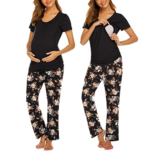 Image of Ekouaer Women's Maternity Nursing Pajamas Set Breastfeeding Sleepwear Double Layer Short Sleeve Top & Pants Pregnancy PJS