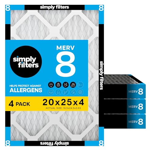 Simply 20x25x4 Air Filter MERV 8 4 Pack Furnace Air Filter for HVAC (Actual Size:19.5x24.5x3.63) DUST Pet & Allergy Control