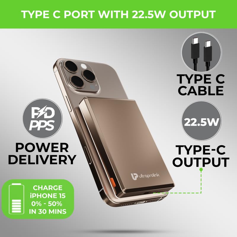 Image of UltraProlink 10000 mAh Slimmest Wireless Magnetic Mag-Safe Power Bank | 22.5W Type C Port with PD-PPS Support | for iPhone Series 16,15,14,13 | Made in India |Titanium|UM1124 | Juice-Up Mag 4