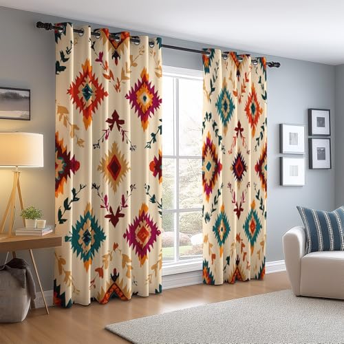 Cortinas Salon Dormitorio Bohemio Geométrico Estampado, Cortina Ventana Opacas Termicas 2 Piezas con Ojales - Reduccion Ruido 117 An x 138 Al cm (2Paneles) Beige
