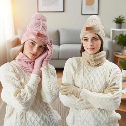 4 Pieces Winter Hat Scarf Glove Set for Women,Fleece Lined Beanie with Pom Pom,Touchscreen Gloves Knit Scarf for Cold Weather4