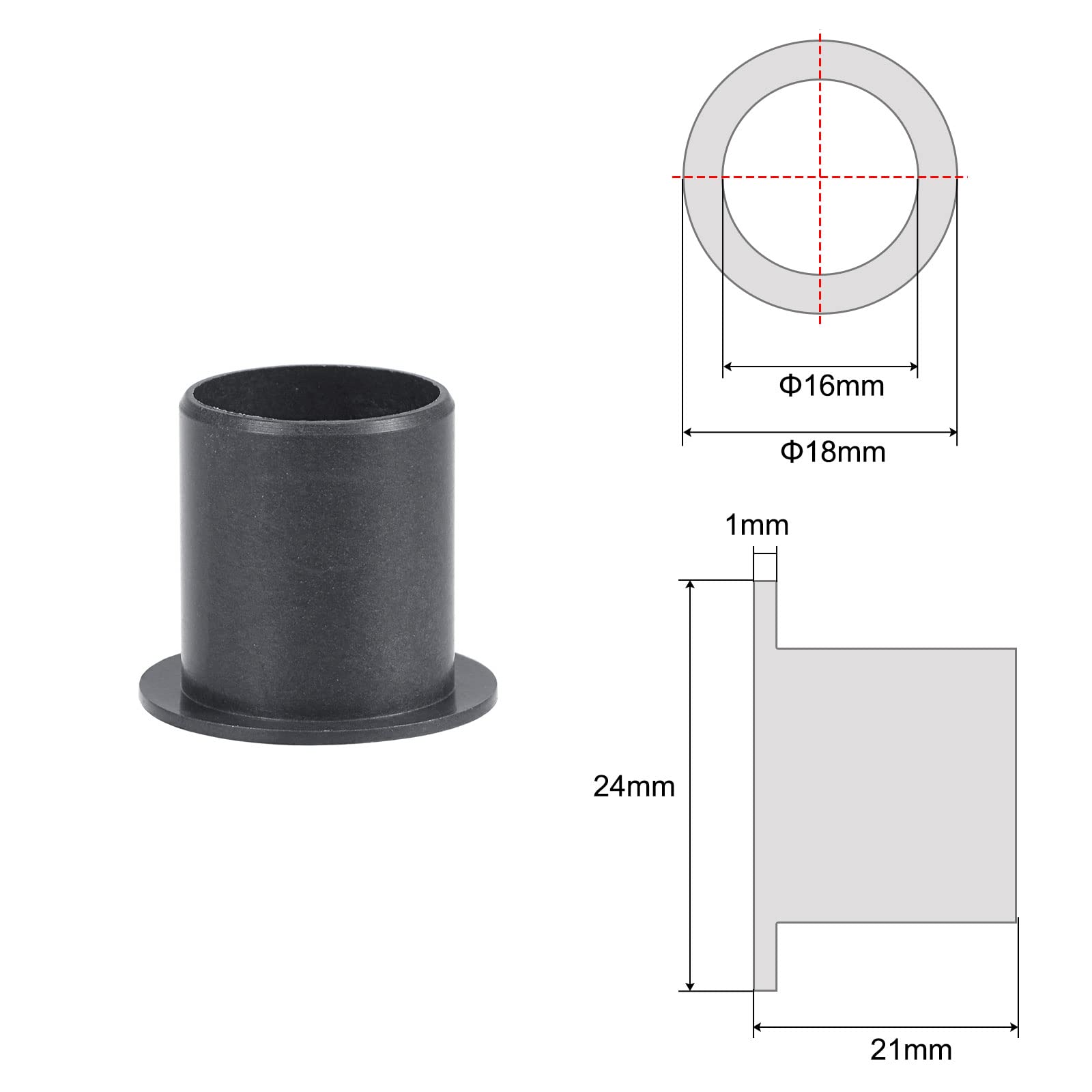 sourcing map Bride Manchon Roulements 16mm Alésage 18mm OD 21mm Longueur POM Enveloppé Sans Huile Bagues Noir