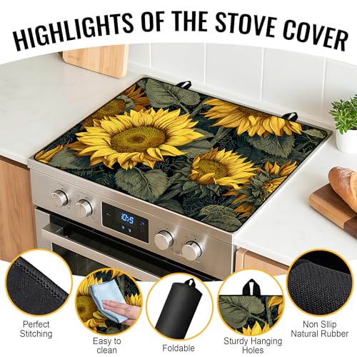 Image of NYZE Stove Cover for Electric and Glass Stove Tops 3-in-1 Stove Mat, Heat Resistant Counter Protector Mat, Non-Slip Surface & Drying Rack (Retro Sunflowers, 28.5 inchLx20.5 inchW)