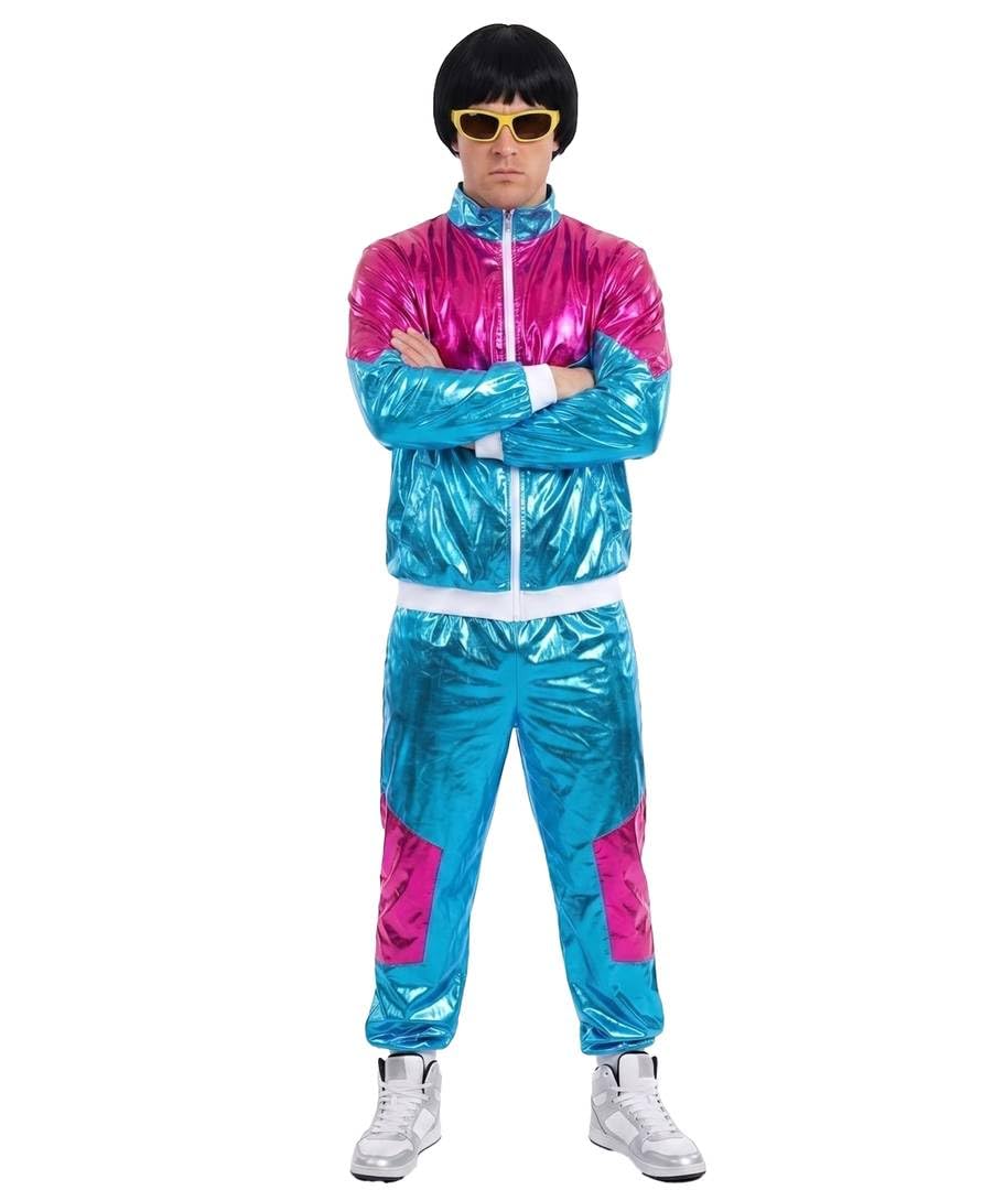 Adults 90s Music Star Costume - Medium - Blue and Pink Shellsuit Jacket and Trousers with Black Bowl Wig and Yellow Nerd Glasses - Retro Stag Hen Halloween Fancy Dress