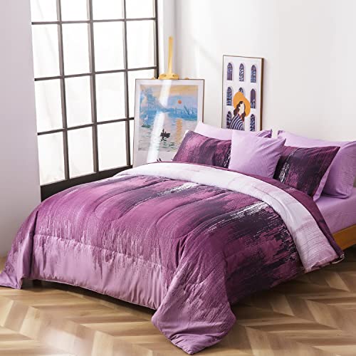 Muginyu Purple Comforter Set Queen Size, 8 Piece Bed In A Bag Abstract Art Painting, Gradient Color Patchwork,All Season Reversible Bedding Set With Comforter, Fitted Sheet #TOP2