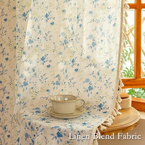 Image of MYSKY HOME Blue Floral Semi Sheer Boho Linen Curtains 63 Inch Length 2 Panels for Living Room Bedroom Light Filtering Spring Vintage Farmhouse French Tassels Back Tab Drapes, 50 inch Wide, 2 Panels