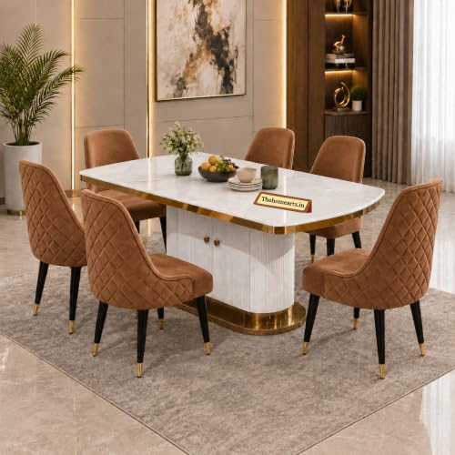 Image of 6-Seater Modern Elite Opal Storage Wooden Dining Table Set | 2 Year Warranty | Created Italian Statuario Marble Top | Elegant Composite Marble Table with 6 Chairs (Brown)